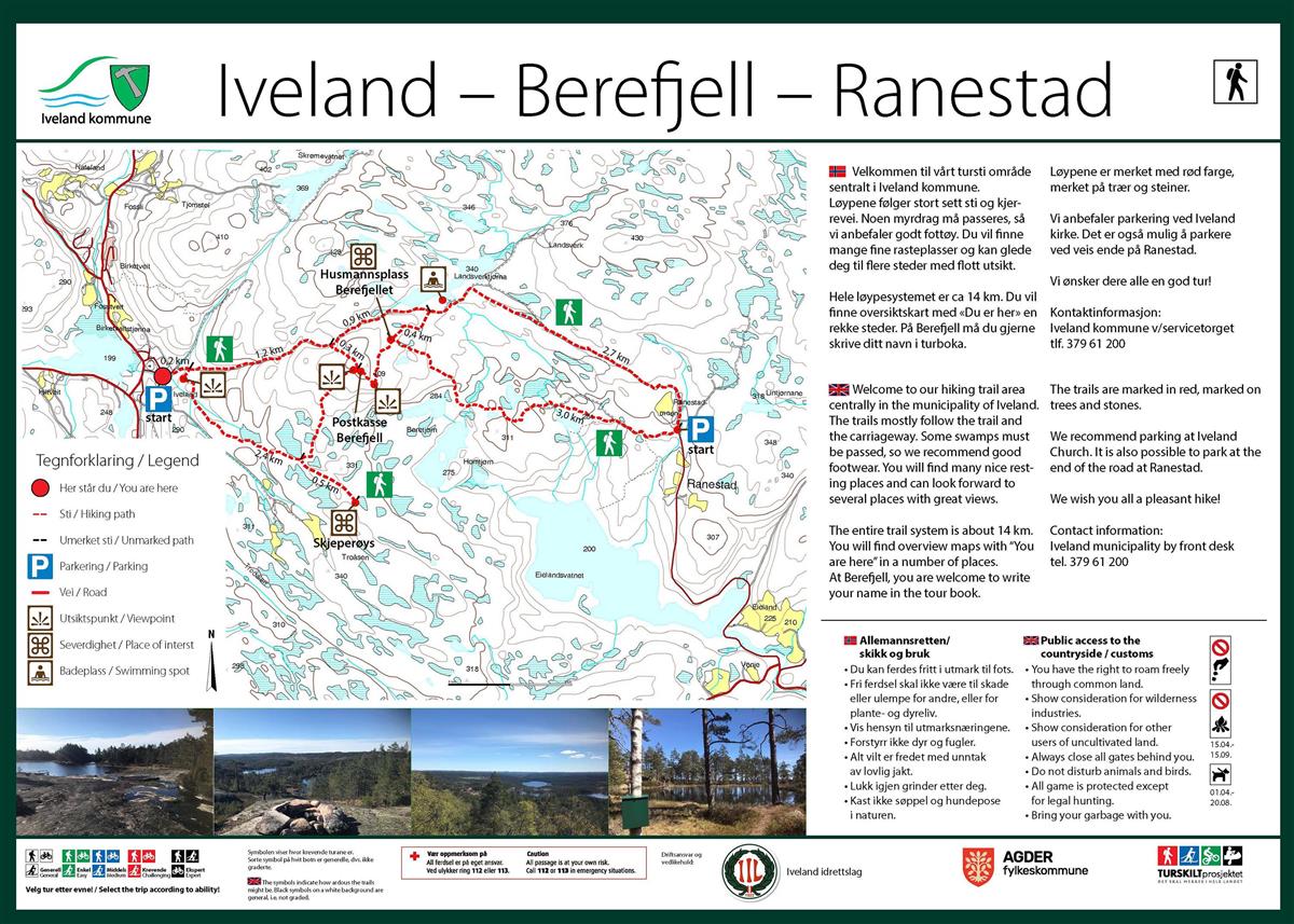 Turkart over området Turkart Iveland Berefjell Ranestad - Klikk for stort bilde