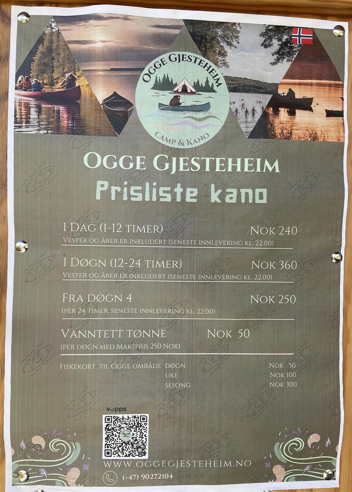Prisliste for leie av kano - Klikk for stort bilde